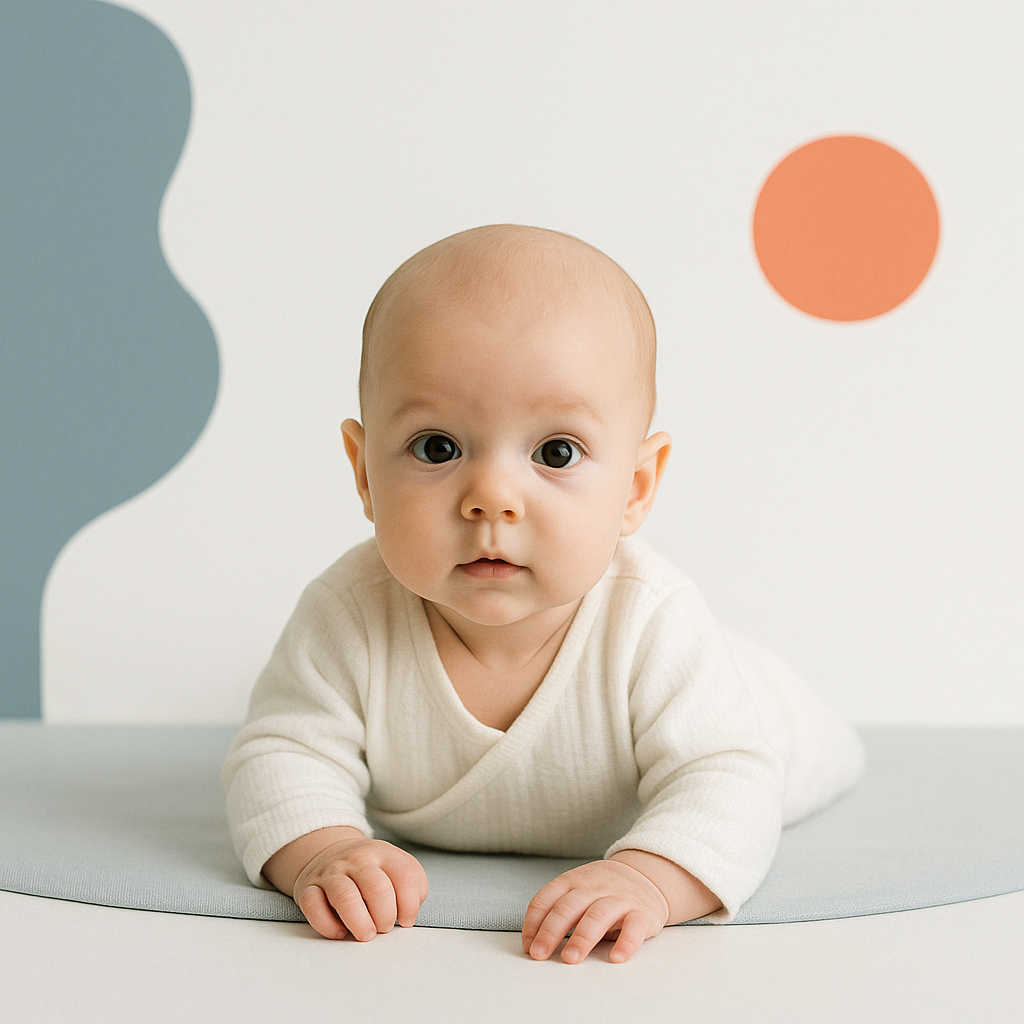 Een twee maanden oude baby ligt op de buik en kijkt nieuwsgierig omhoog, tegen een lichte achtergrond in rustige blauw- en grijstinten.