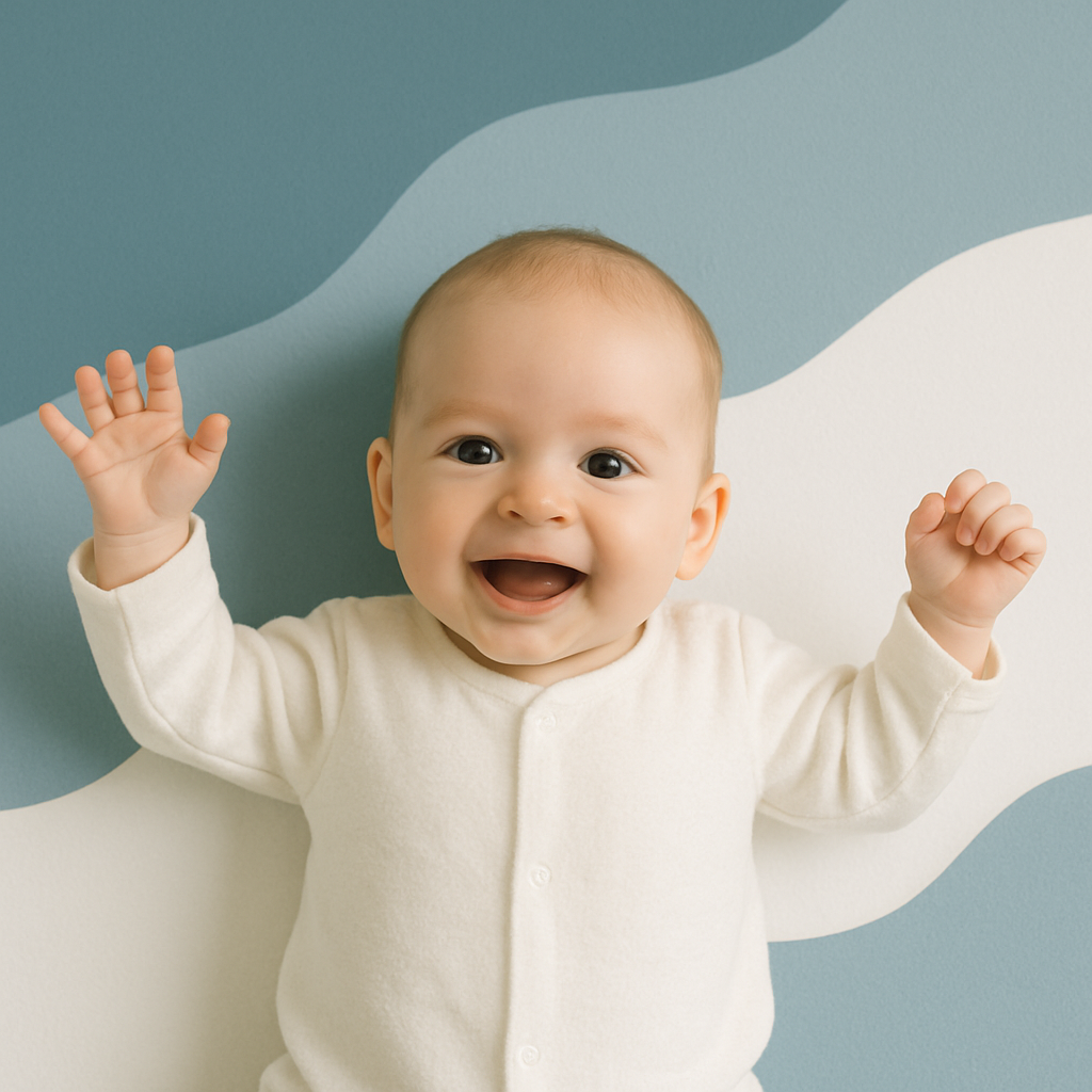 Een drie maanden oude baby ligt op de rug, glimlachend met de handjes omhoog, voor een zachte witte en blauwgrijze achtergrond.