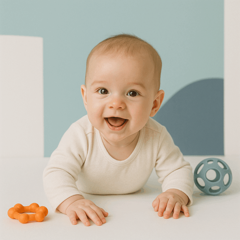 Een vier maanden oude baby tilt het hoofdje op en kijkt rond met nieuwsgierige ogen, tegen een witte achtergrond met pastelblauwe accenten.