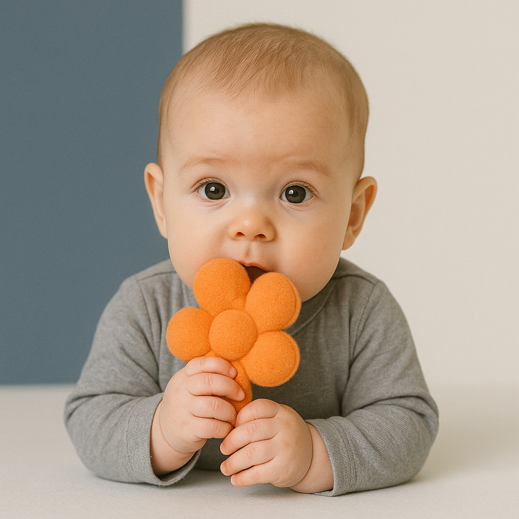 Een vijf maanden oude baby houdt een zacht speeltje vast met een geconcentreerde blik, in een helder, minimalistisch studiobeeld.