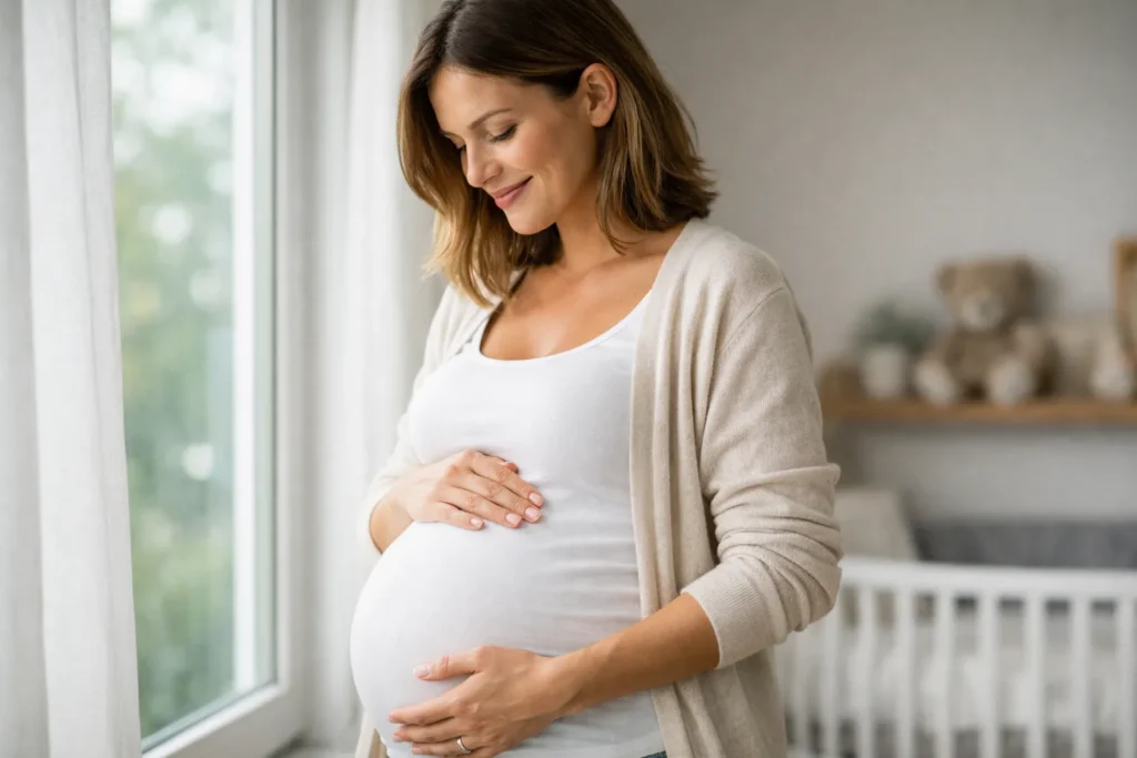 Jonge moeder houdt haar pasgeboren baby liefdevol vast in een lichte slaapkamer.