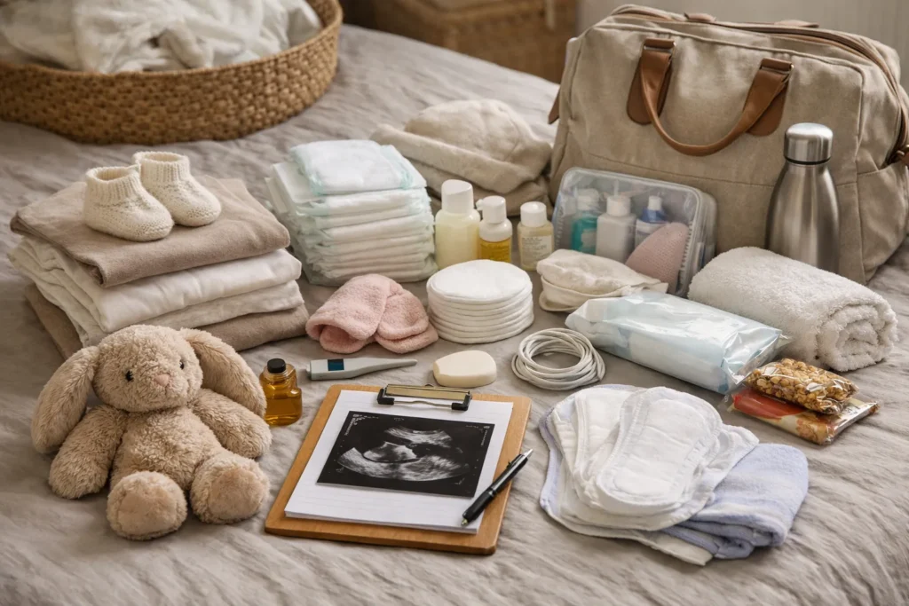 Ziekenhuistas met babykleding en verzorgingsspullen op bed