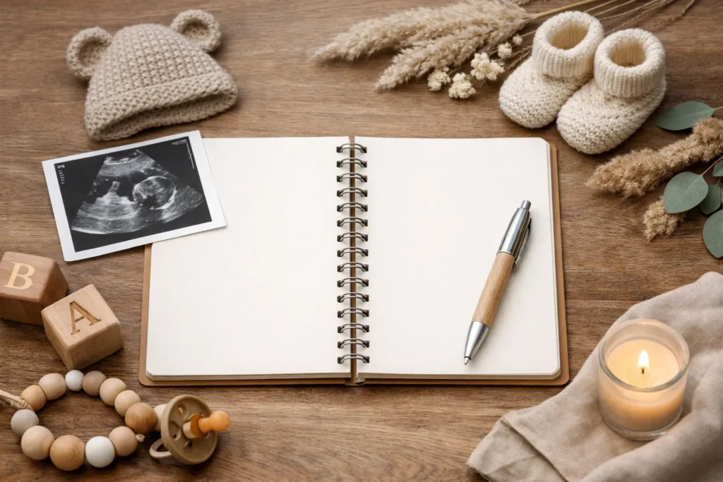Geboorteplan document naast babykleertjes en zachte dekens op houten tafel.