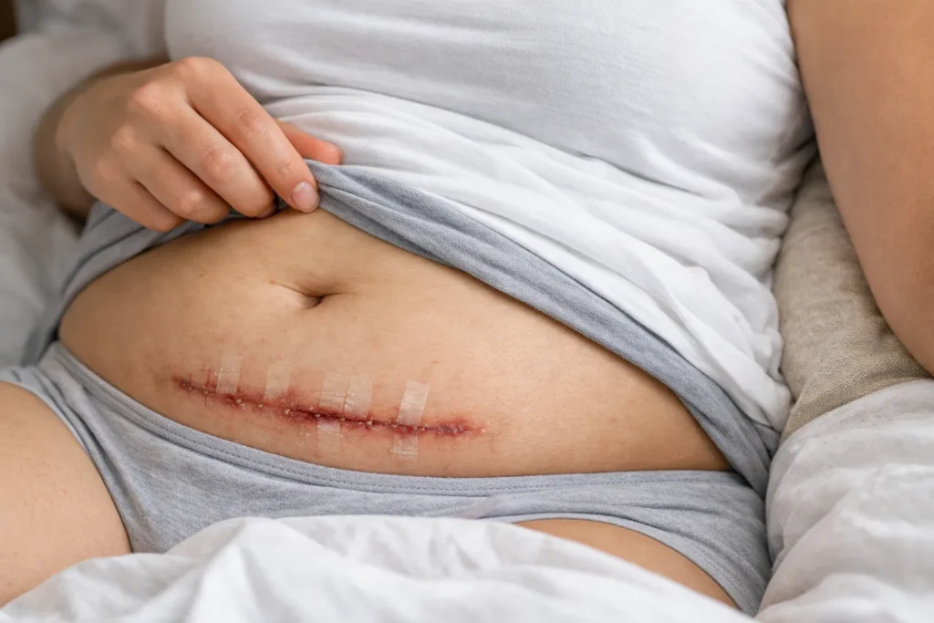 Buik met genezend litteken na keizersnede