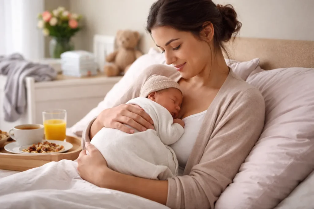 Moeder ligt in bed met haar pasgeboren baby tijdens de kraamtijd
