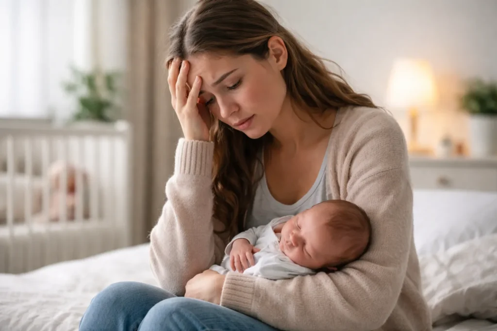 Emotionele moeder met baby op bed na de bevalling