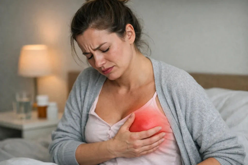 Vrouw met pijnlijke borst tijdens borstvoeding