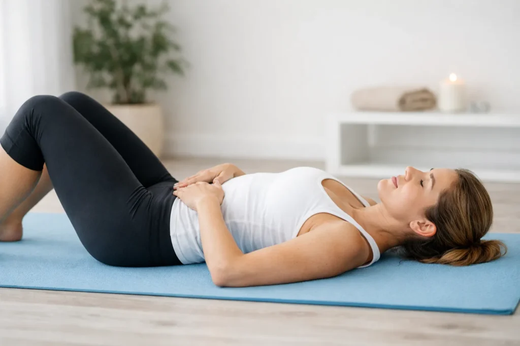 Vrouw doet bekkenbodem oefening liggend op yogamat