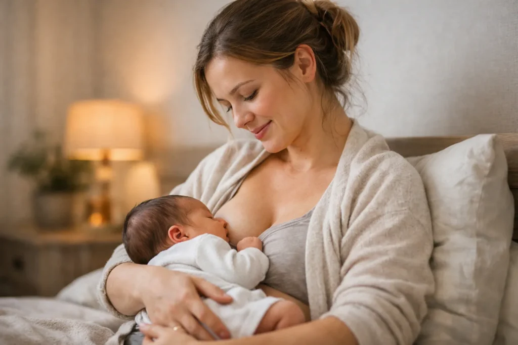 Moeder geeft haar pasgeboren baby borstvoeding in een rustige slaapkamer.