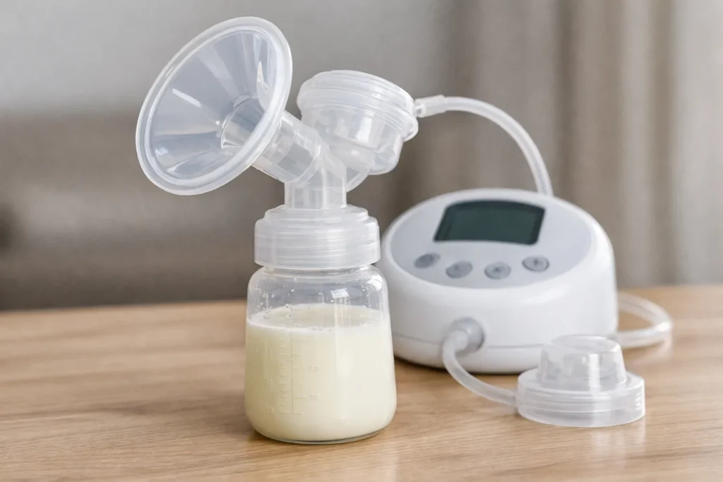 Vrouw gebruikt een borstkolf thuis in een lichte kamer