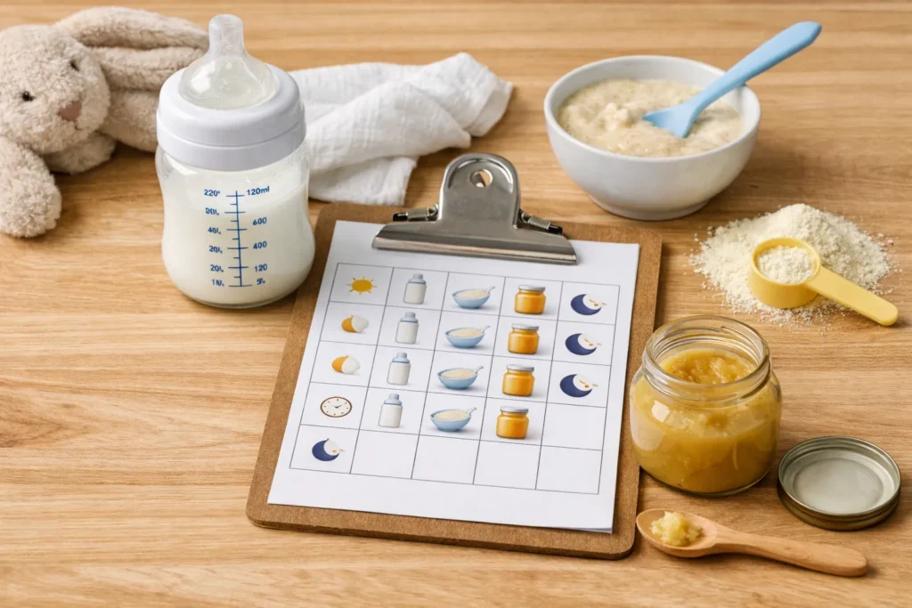 Babyfles en voedingsschema met pap en fruitpotje op tafel