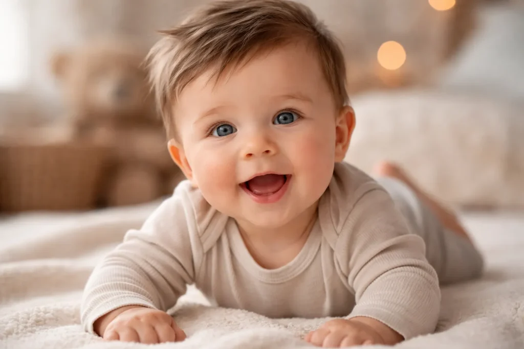 Lachende baby liggend op zachte deken in lichte kamer