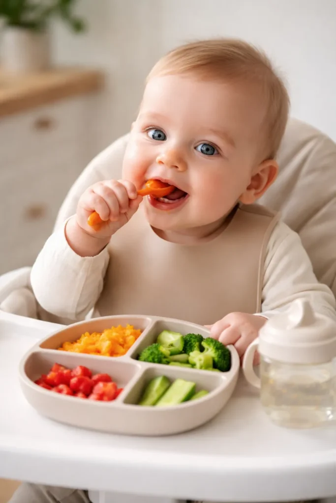 Baby eet eerste hapjes in kinderstoel met groente en fruit.