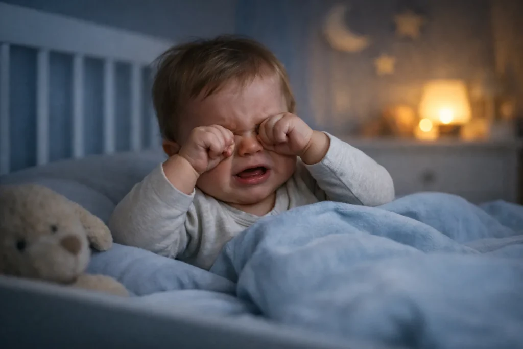 Huilende baby wakker in bed tijdens slaapregressie in de nacht