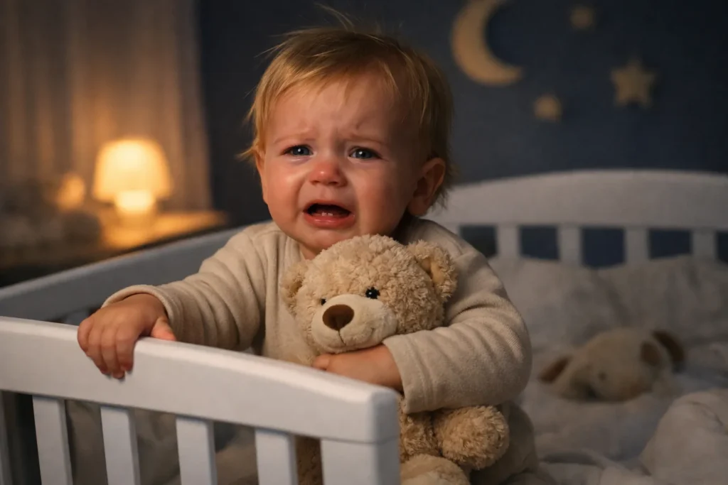 Vermoeide baby ligt wakker in bedje tijdens de nacht