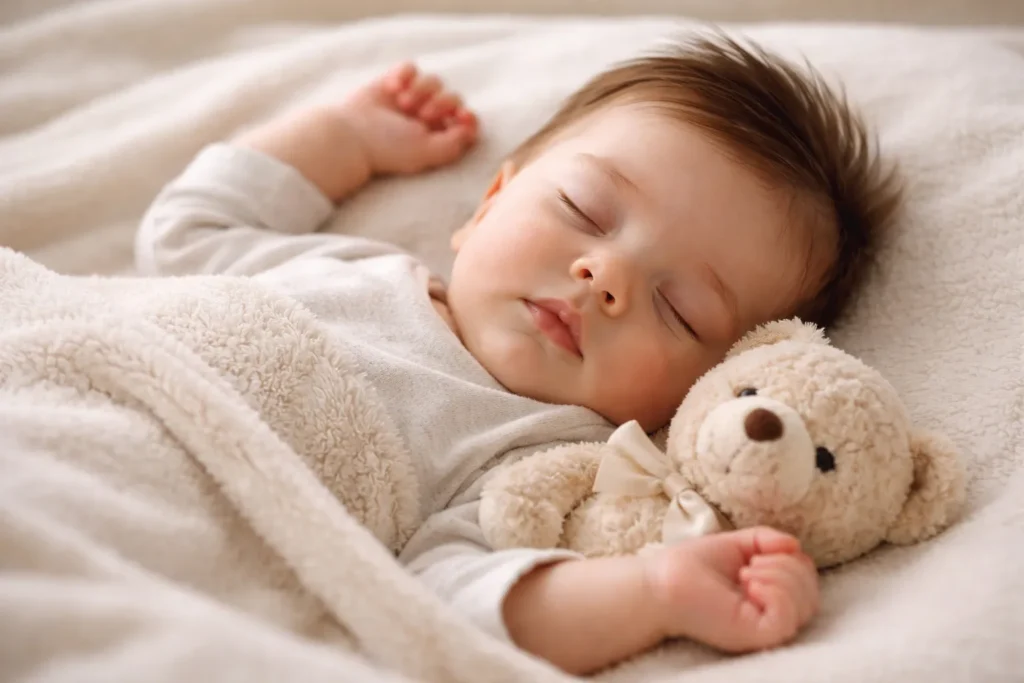 Slapende baby in een houten wieg met zacht deken