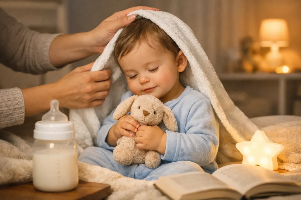 Baby in pyjama met knuffel tijdens bedtijdritueel