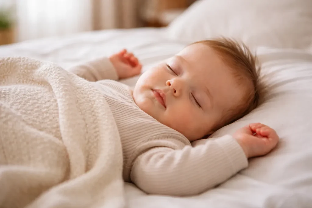 Slapende baby onder een zachte deken in een lichte slaapkamer