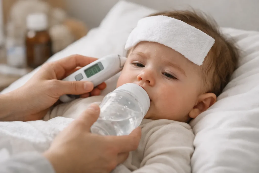 Moeder meet de temperatuur van haar baby met koorts thuis