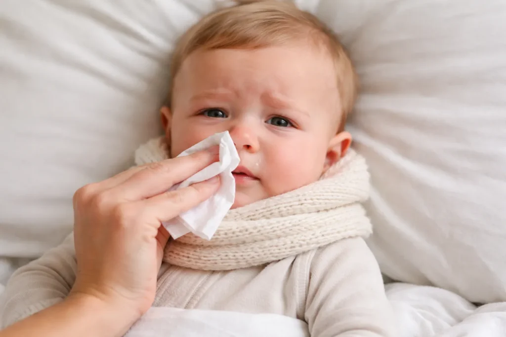 Baby met verkoudheid terwijl ouder voorzichtig de neus schoonmaakt.