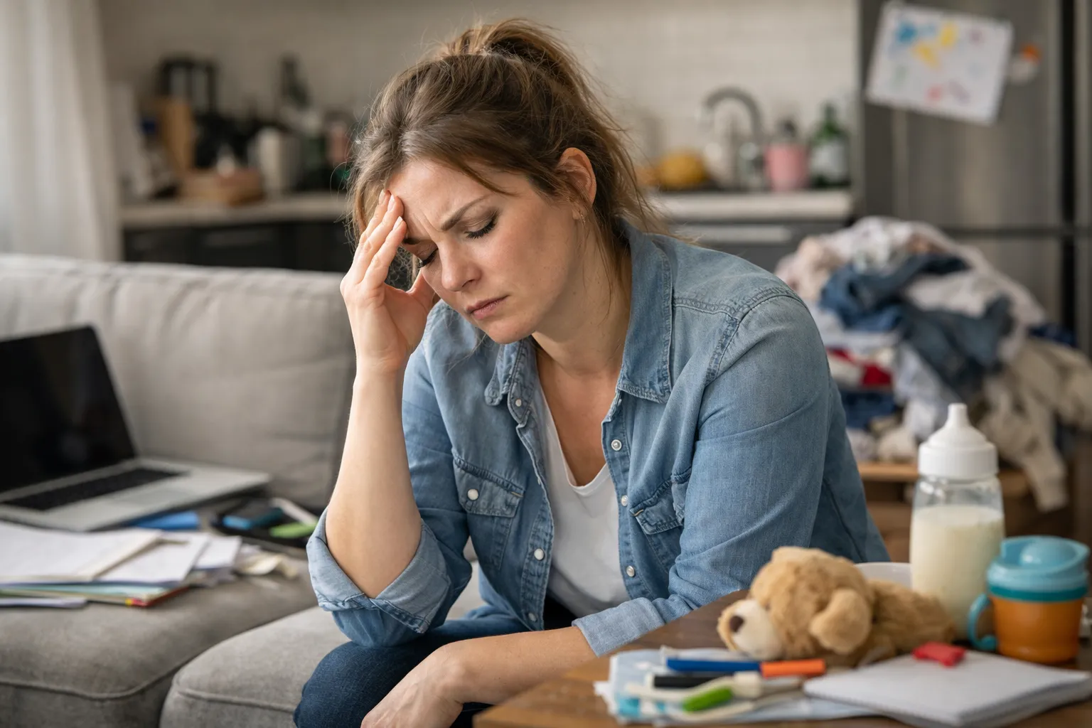 Vermoeide moeder in een rommelige woonkamer met kinderen op de achtergrond
