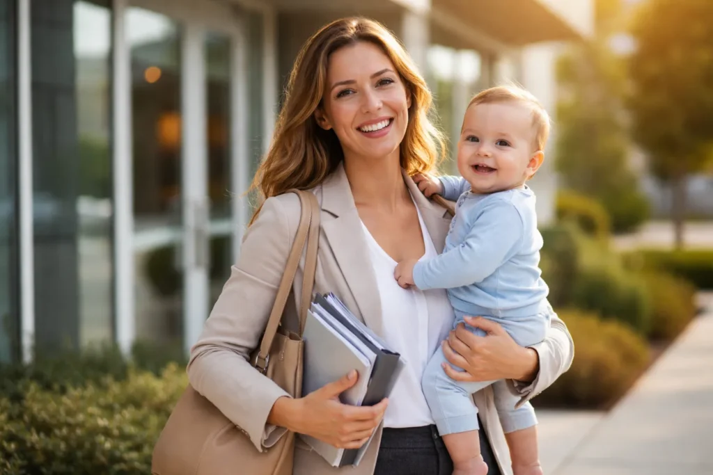 Moeder met baby bij kantoor na verlof